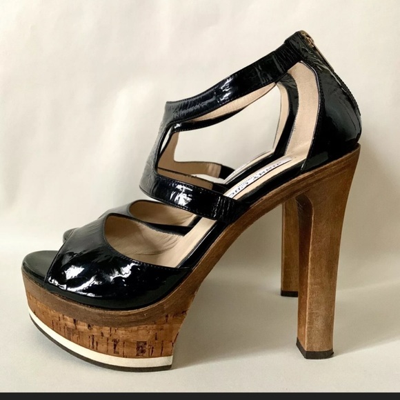 JIMMY CHOO Patent Leather Wood Platform Heels - Picture 2 of 6